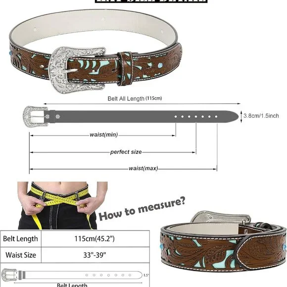 Adjustable-Vintage-Western-Cowboy-Belt Women Men - Cowboy-Style Engraved-Buckle - Picture 2 of 11